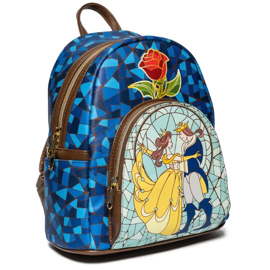 10" Disney : Beauty and the Beast - Stained Glass Faux Leather Mini Backpack Bag Loungefly Exclusive