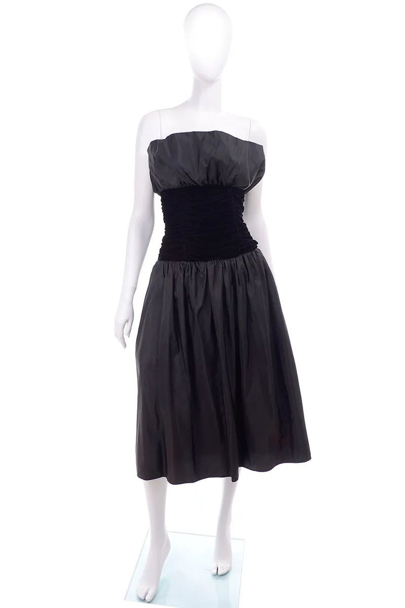 1980s Strapless Black Taffeta & Velvet Evening Dress