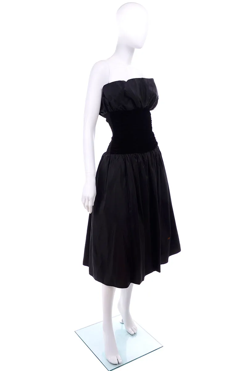 1980s Strapless Black Taffeta & Velvet Evening Dress