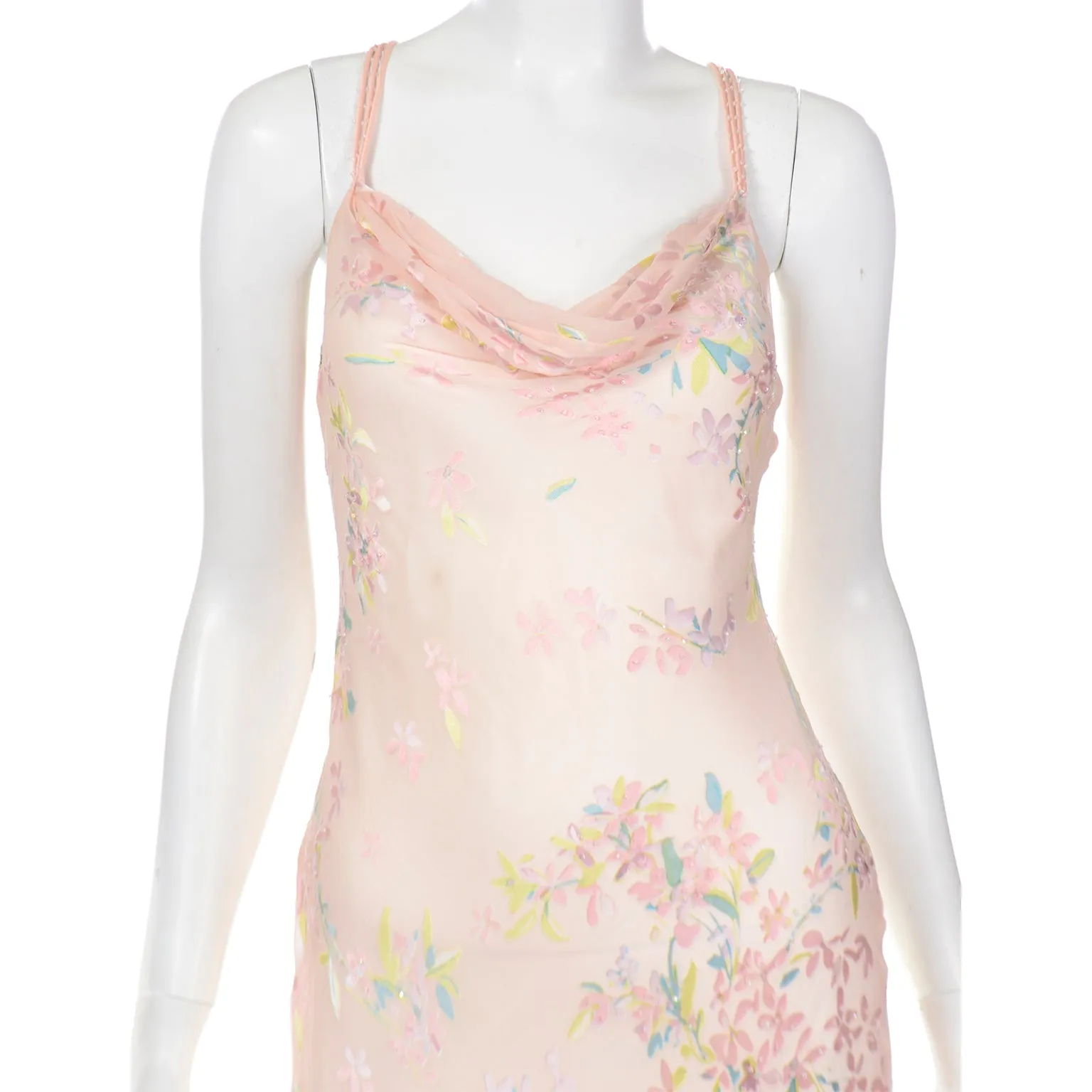1990s Beaded Pink Floral Evening Bias Cut Slip Dress w Handkerchief Hem