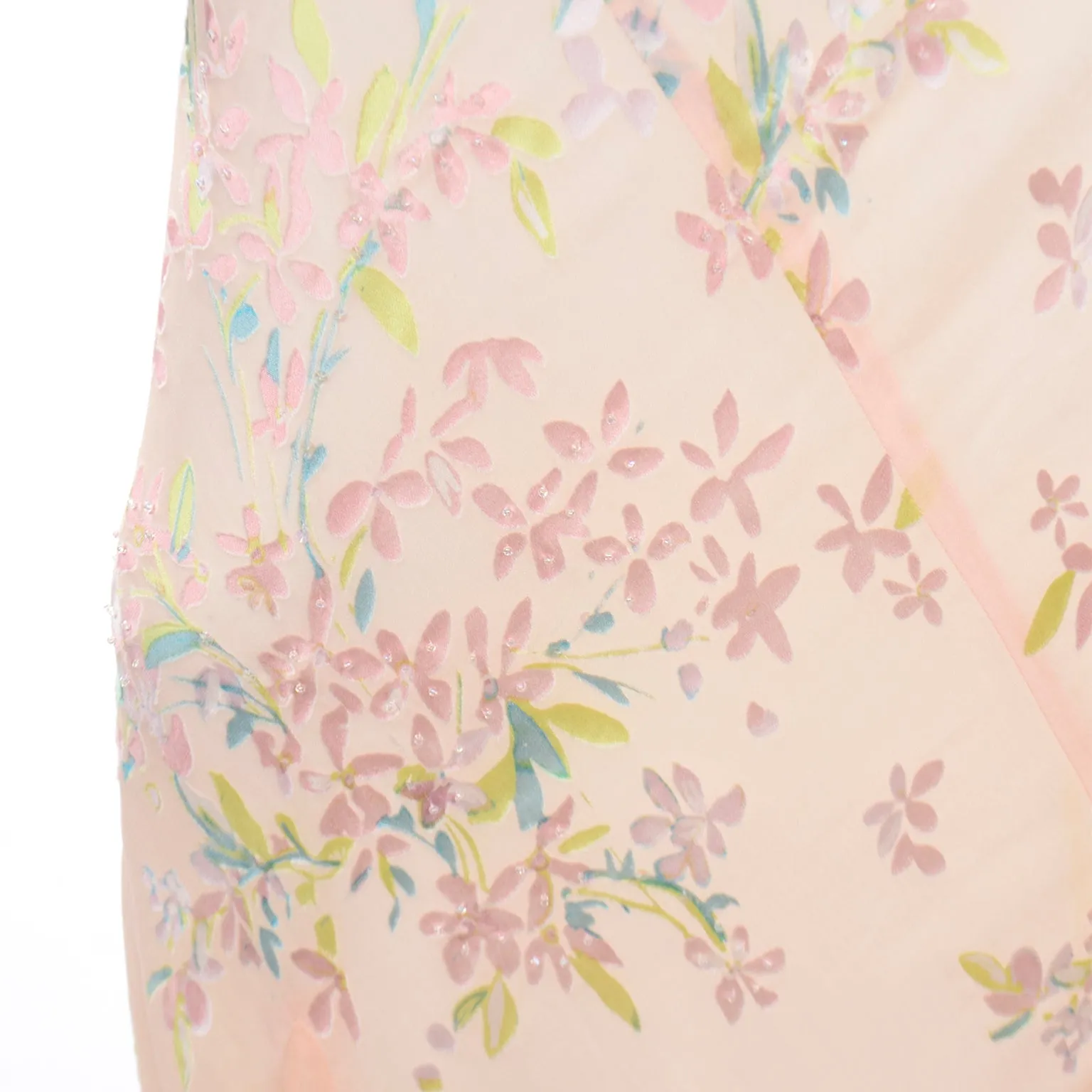 1990s Beaded Pink Floral Evening Bias Cut Slip Dress w Handkerchief Hem