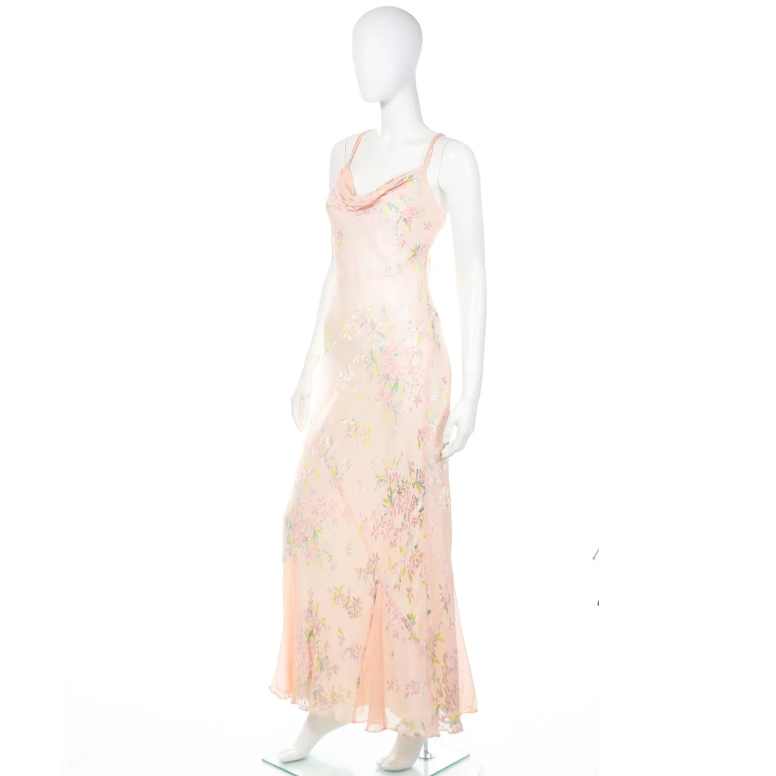 1990s Beaded Pink Floral Evening Bias Cut Slip Dress w Handkerchief Hem