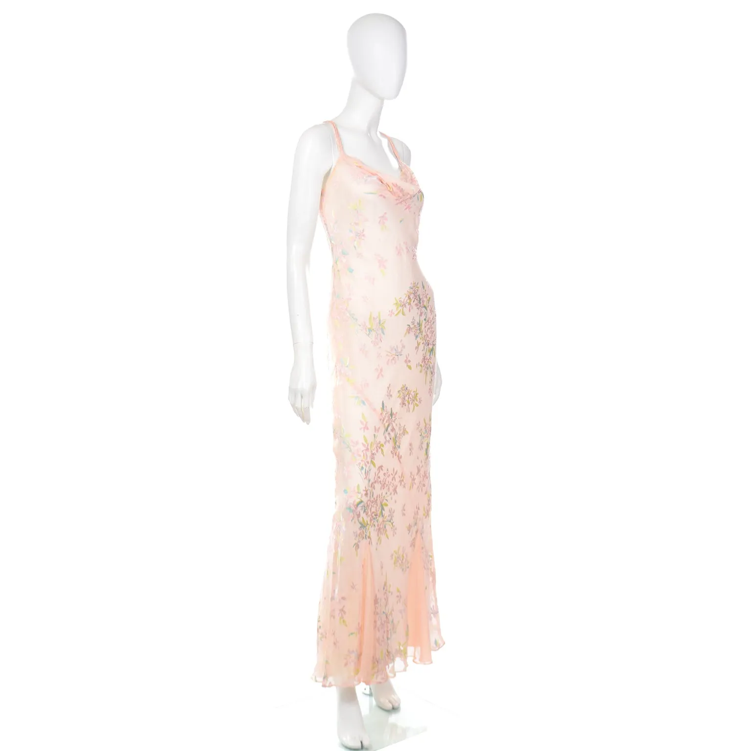 1990s Beaded Pink Floral Evening Bias Cut Slip Dress w Handkerchief Hem