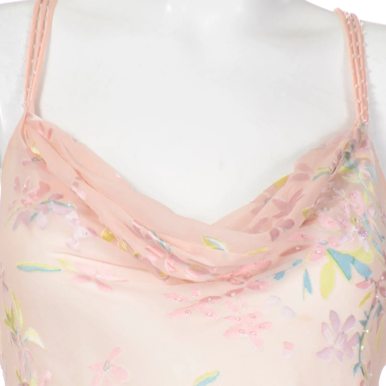 1990s Beaded Pink Floral Evening Bias Cut Slip Dress w Handkerchief Hem