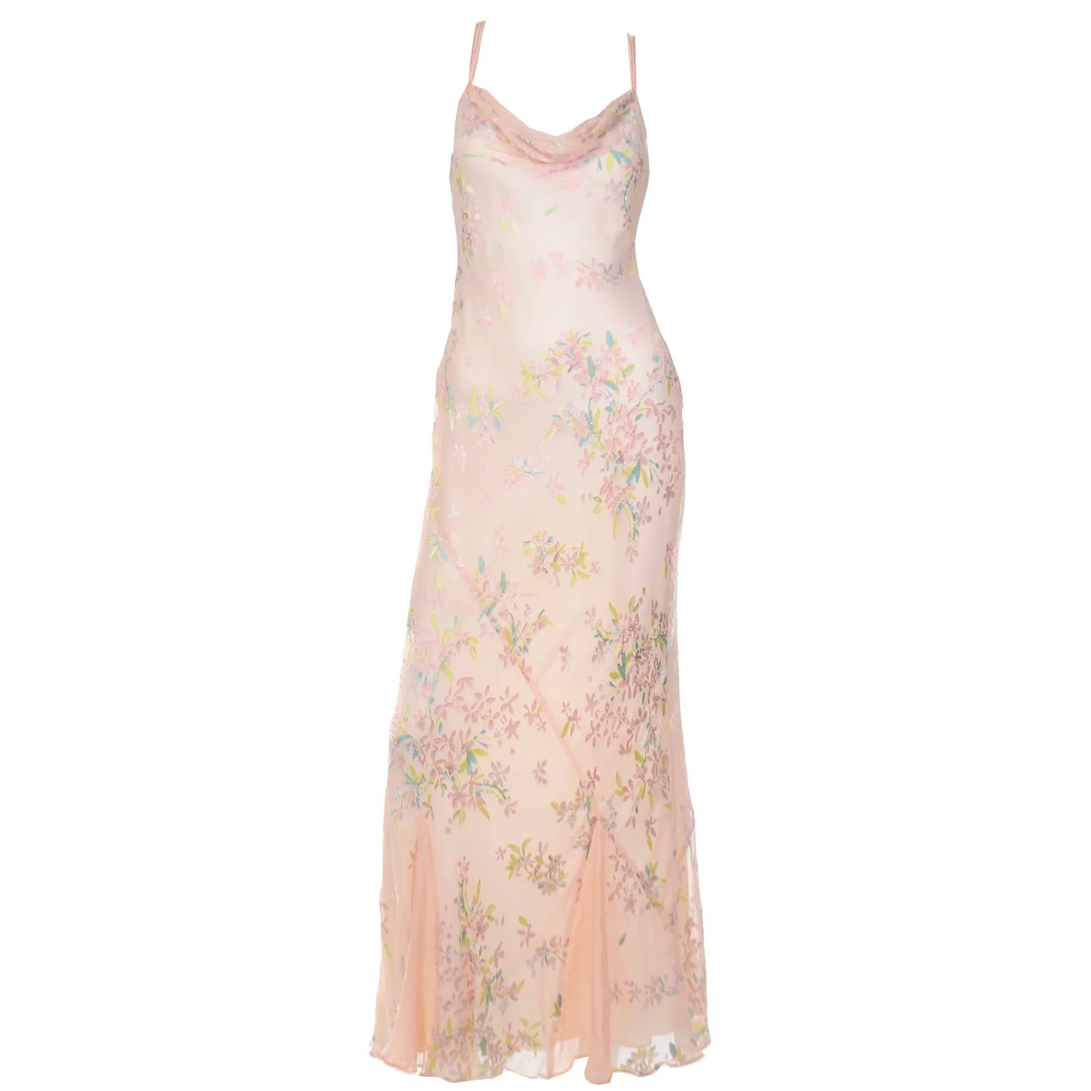 1990s Beaded Pink Floral Evening Bias Cut Slip Dress w Handkerchief Hem