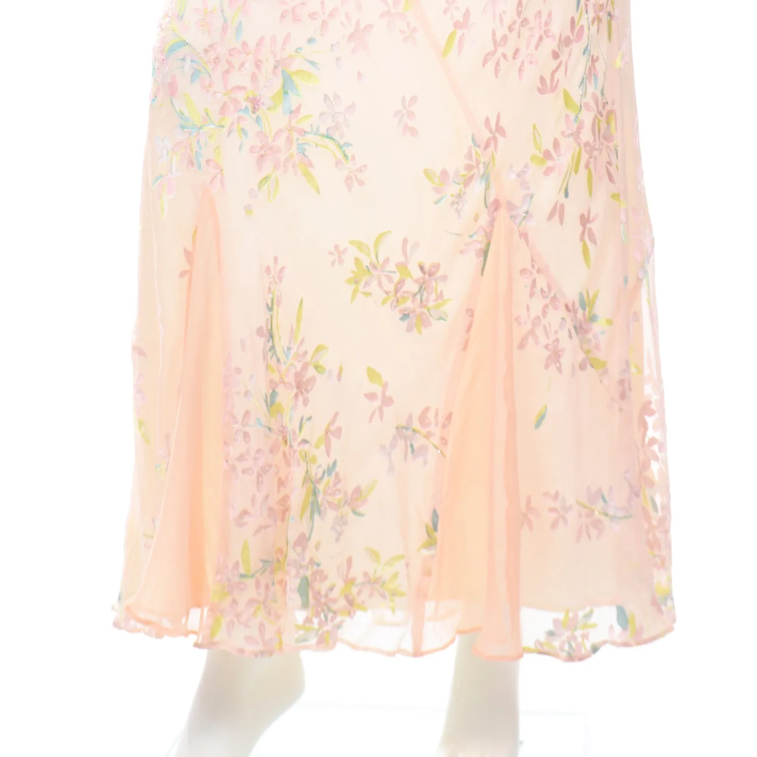 1990s Beaded Pink Floral Evening Bias Cut Slip Dress w Handkerchief Hem