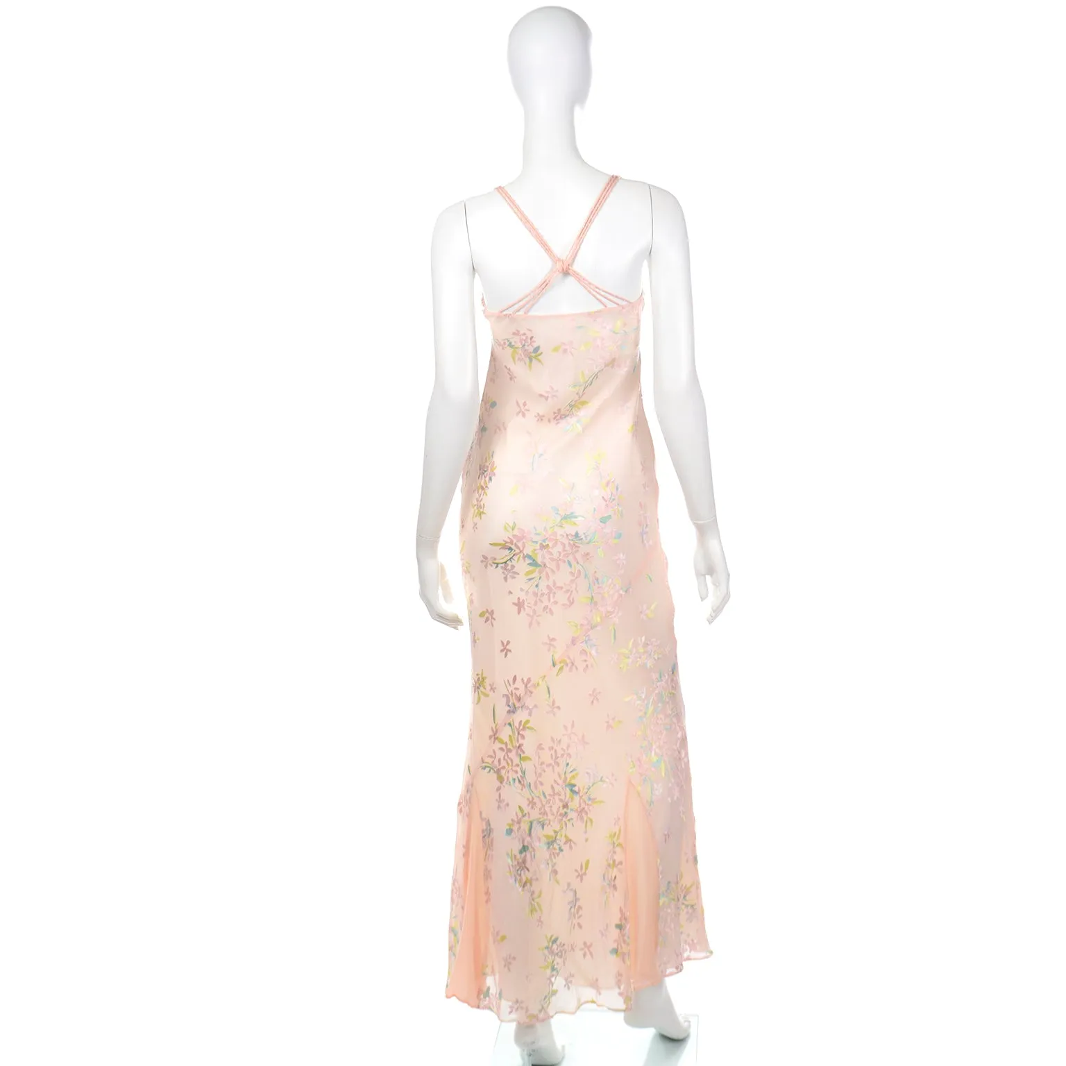 1990s Beaded Pink Floral Evening Bias Cut Slip Dress w Handkerchief Hem