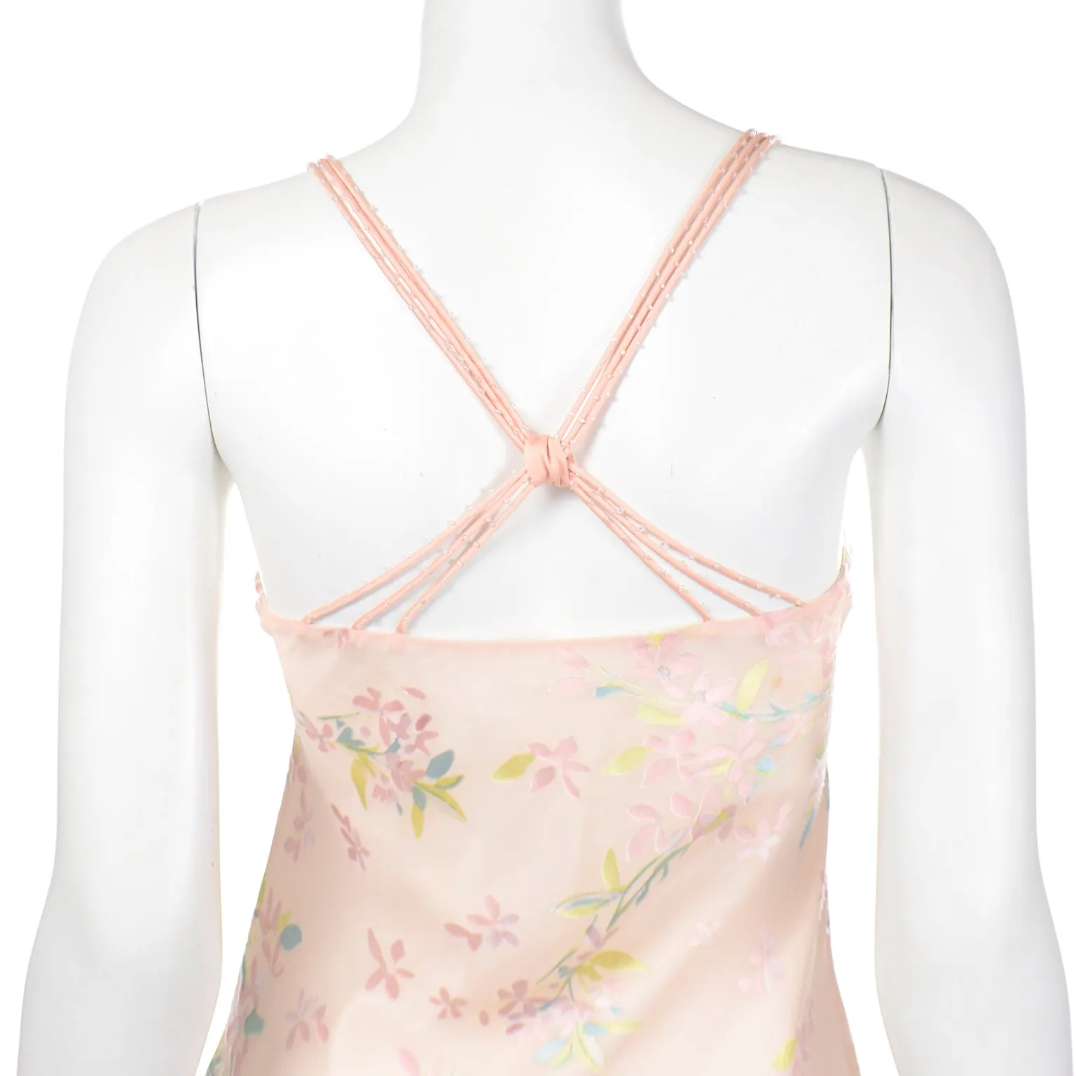 1990s Beaded Pink Floral Evening Bias Cut Slip Dress w Handkerchief Hem