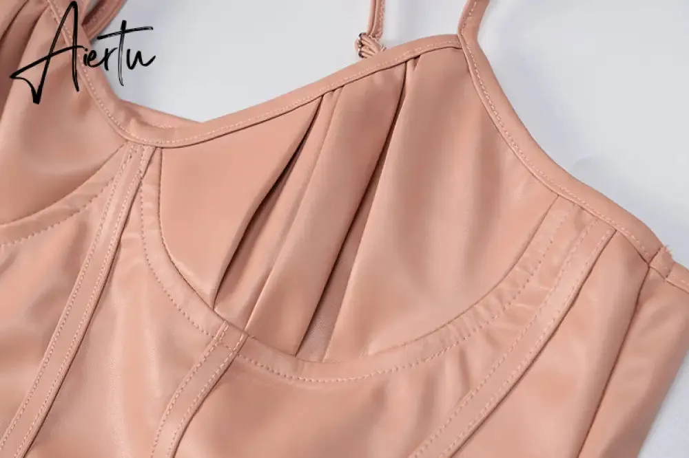 Aiertu Pu Bodycon Slip Sleeveless Backless Pleated Patchwork Streetwear Backless Sexy Mini Dress Women Summer Autumn Y2K