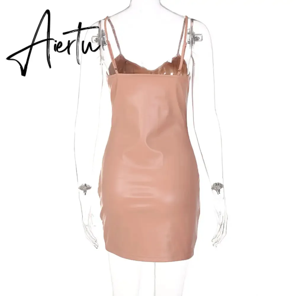 Aiertu Pu Bodycon Slip Sleeveless Backless Pleated Patchwork Streetwear Backless Sexy Mini Dress Women Summer Autumn Y2K