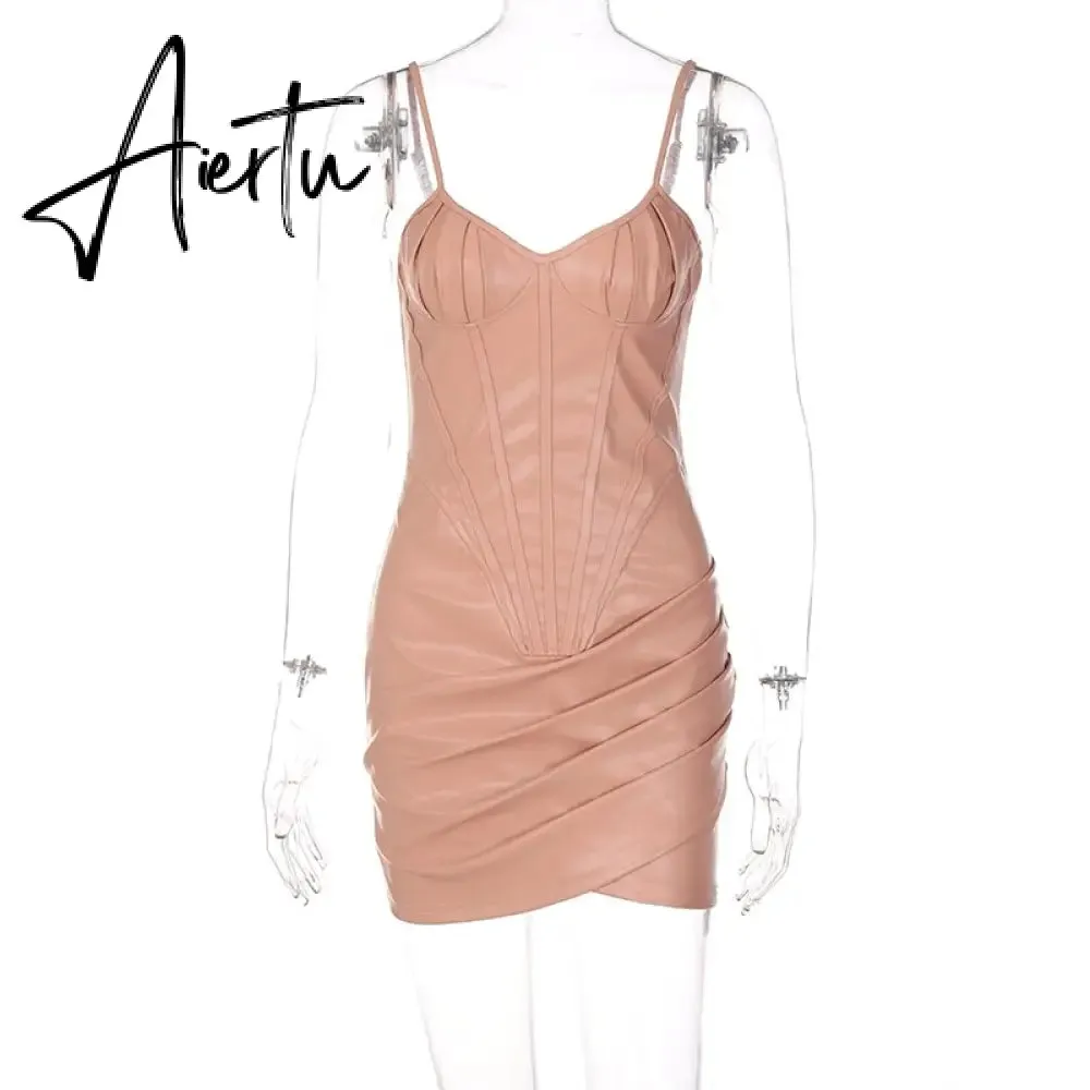 Aiertu Pu Bodycon Slip Sleeveless Backless Pleated Patchwork Streetwear Backless Sexy Mini Dress Women Summer Autumn Y2K