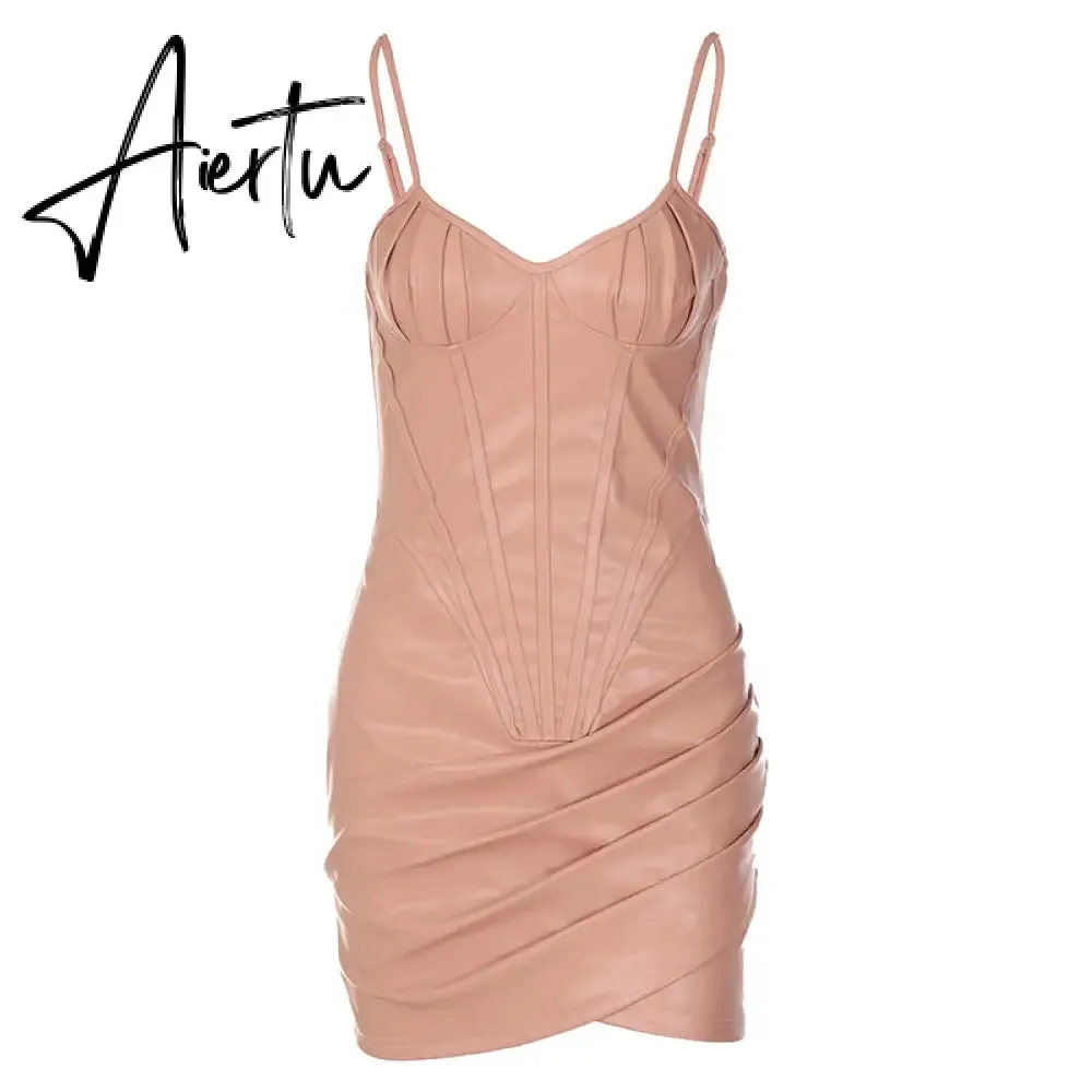 Aiertu Pu Bodycon Slip Sleeveless Backless Pleated Patchwork Streetwear Backless Sexy Mini Dress Women Summer Autumn Y2K
