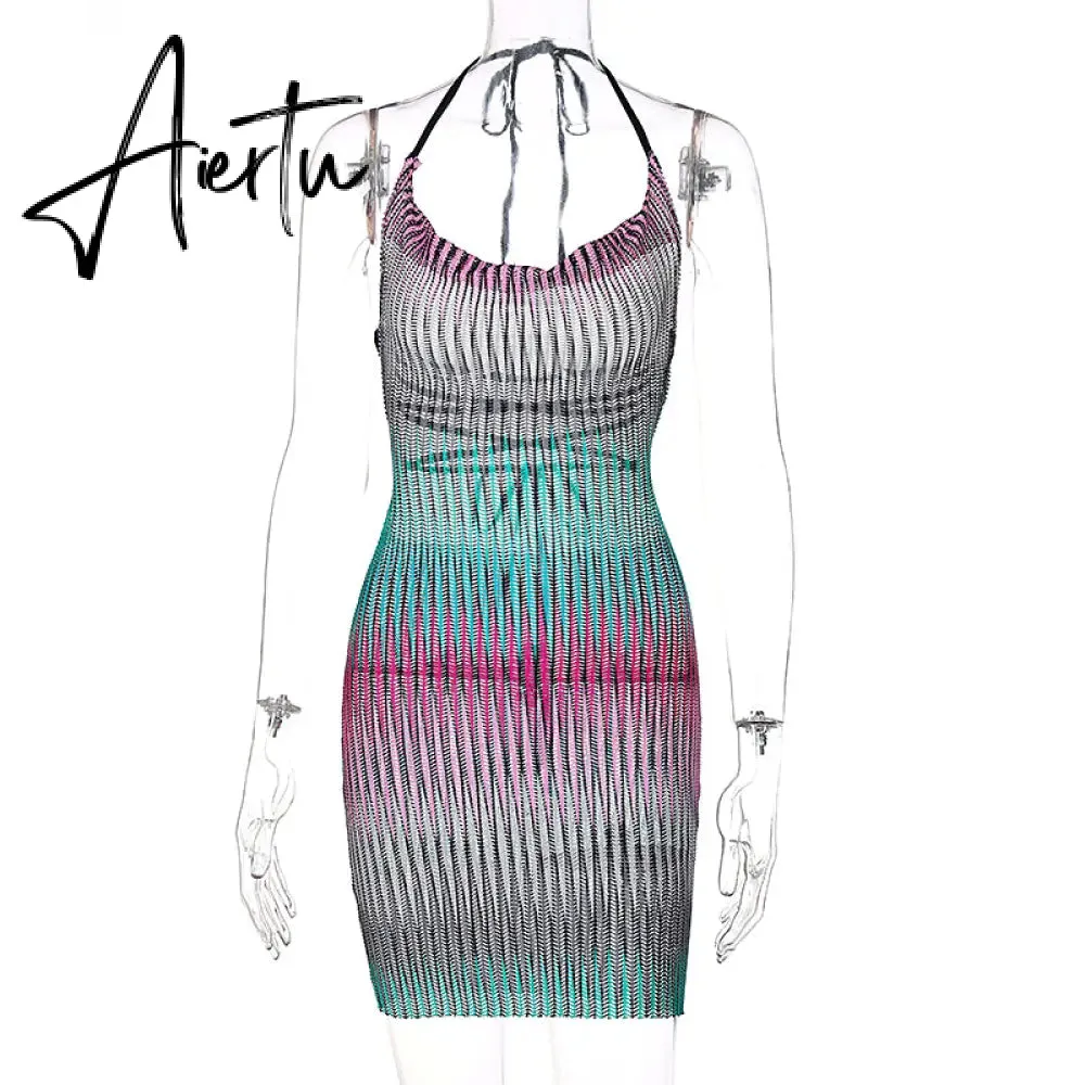 Aiertu Sleeveless Backless See Through Bandage Satin Slip Mini Dress Summer Women Fashion Sexy Party Club Robe Kpytomoa