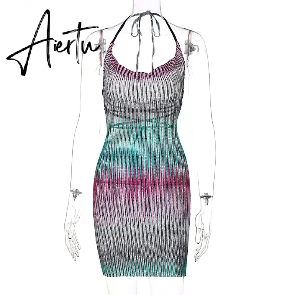 Aiertu Sleeveless Backless See Through Bandage Satin Slip Mini Dress Summer Women Fashion Sexy Party Club Robe Kpytomoa