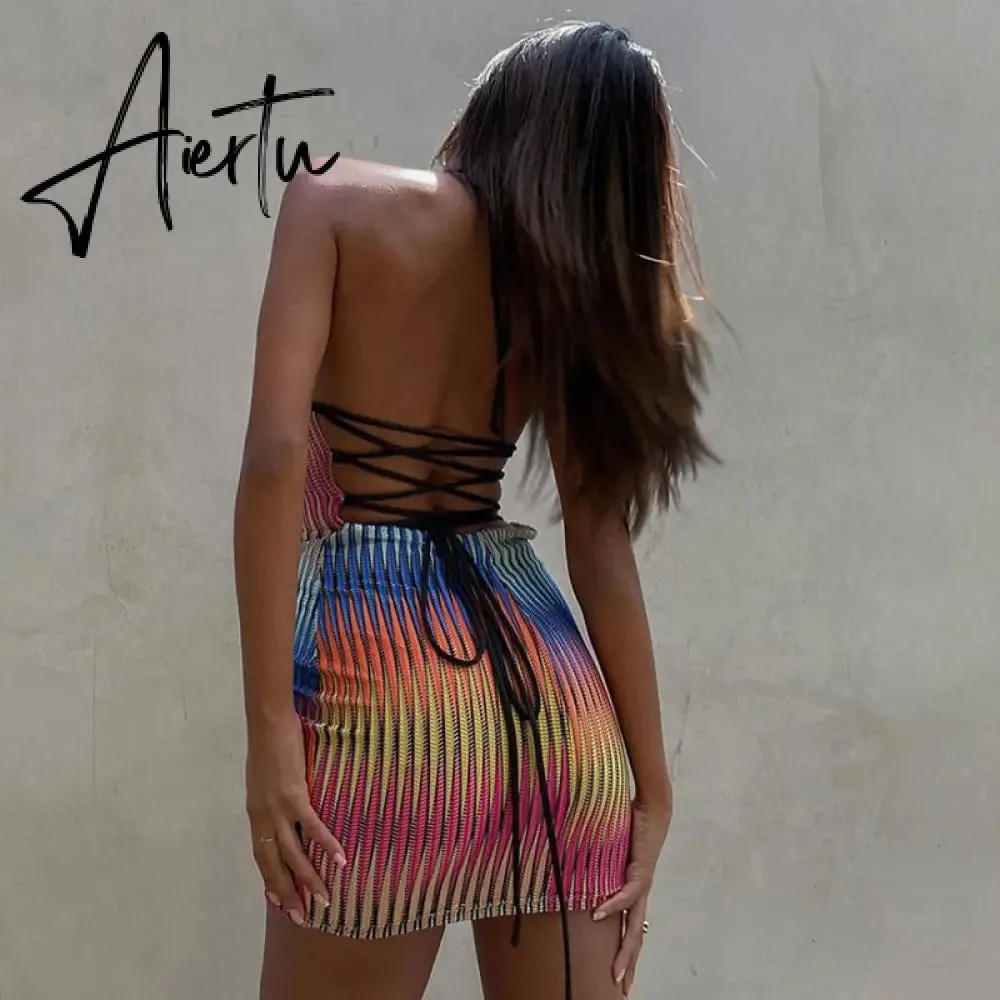 Aiertu Sleeveless Backless See Through Bandage Satin Slip Mini Dress Summer Women Fashion Sexy Party Club Robe Kpytomoa