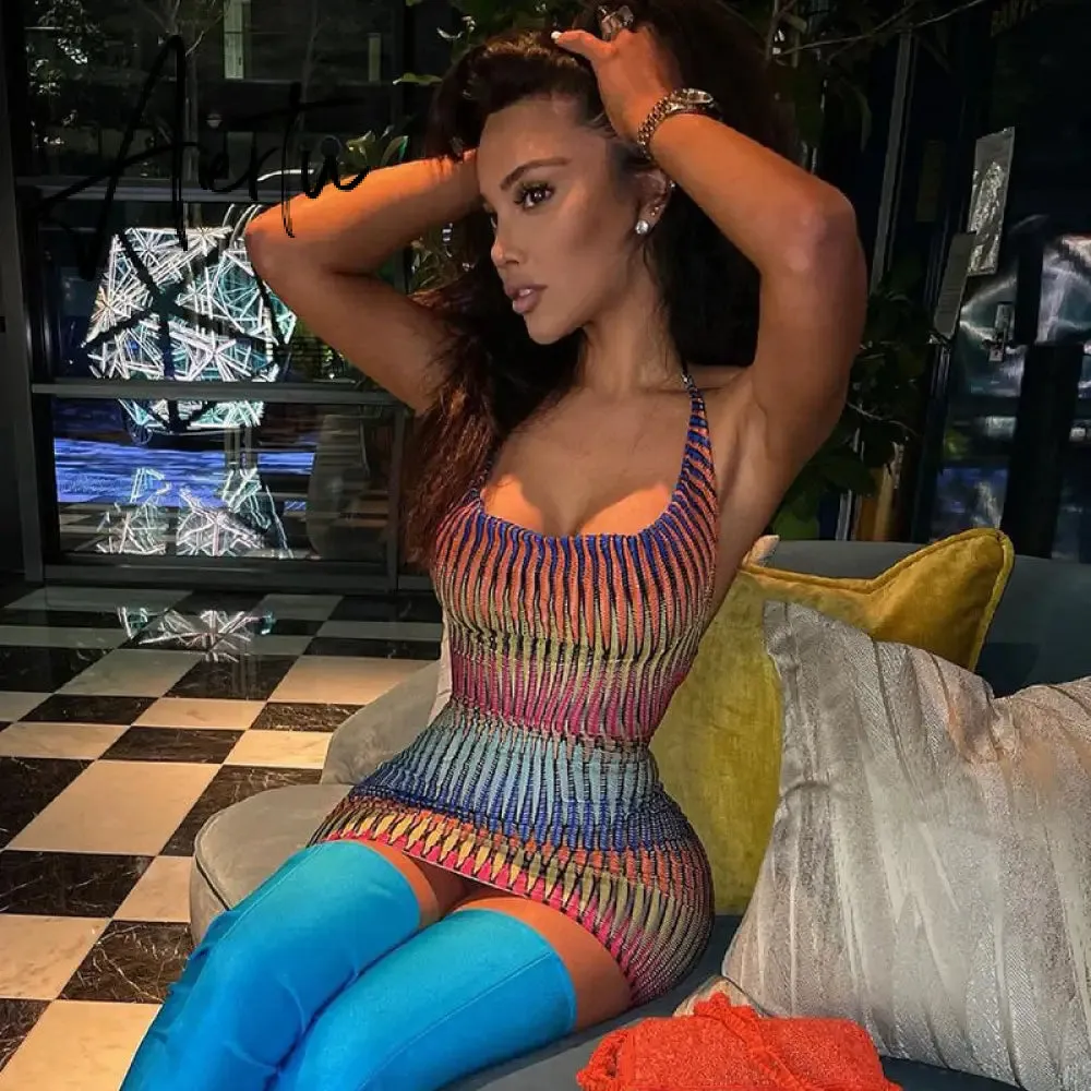 Aiertu Sleeveless Backless See Through Bandage Satin Slip Mini Dress Summer Women Fashion Sexy Party Club Robe Kpytomoa