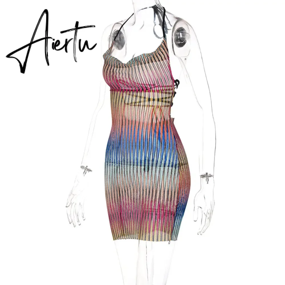 Aiertu Sleeveless Backless See Through Bandage Satin Slip Mini Dress Summer Women Fashion Sexy Party Club Robe Kpytomoa