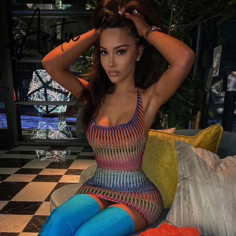 Aiertu Sleeveless Backless See Through Bandage Satin Slip Mini Dress Summer Women Fashion Sexy Party Club Robe Kpytomoa