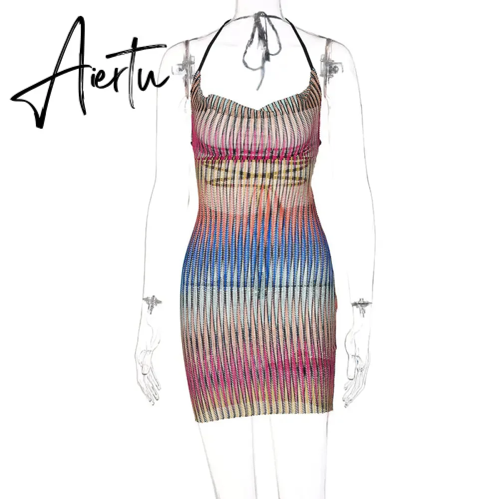 Aiertu Sleeveless Backless See Through Bandage Satin Slip Mini Dress Summer Women Fashion Sexy Party Club Robe Kpytomoa