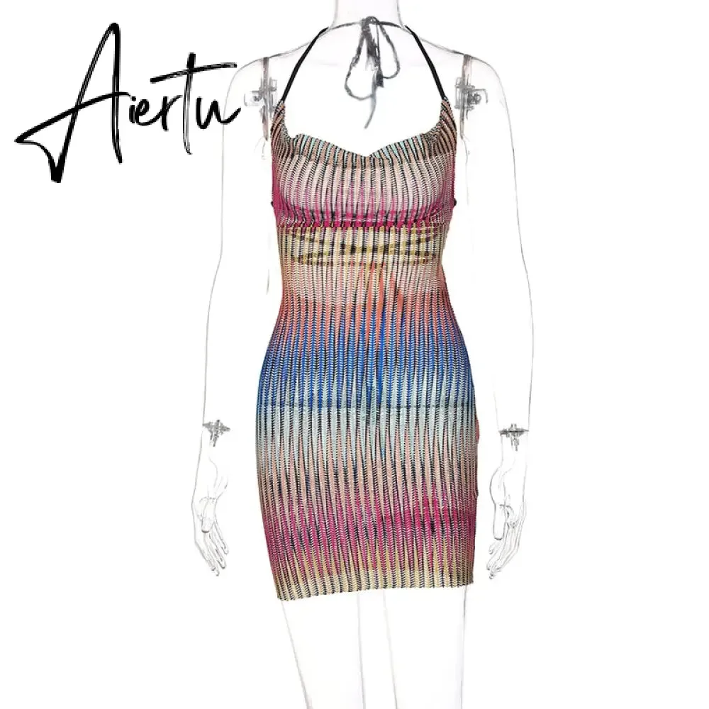 Aiertu Sleeveless Backless See Through Bandage Satin Slip Mini Dress Summer Women Fashion Sexy Party Club Robe Kpytomoa