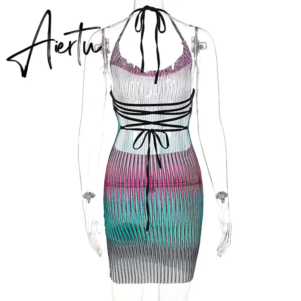 Aiertu Sleeveless Backless See Through Bandage Satin Slip Mini Dress Summer Women Fashion Sexy Party Club Robe Kpytomoa