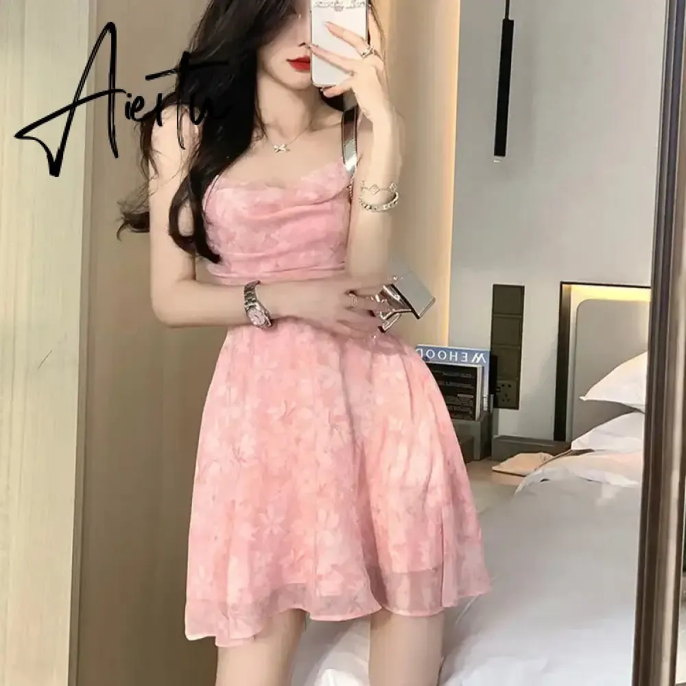 Aiertu Y2K Pink Romantic Floral Spaghetti Slip Dress Women  Summer Slim Elastic High Waist Party Club Mini Dresses