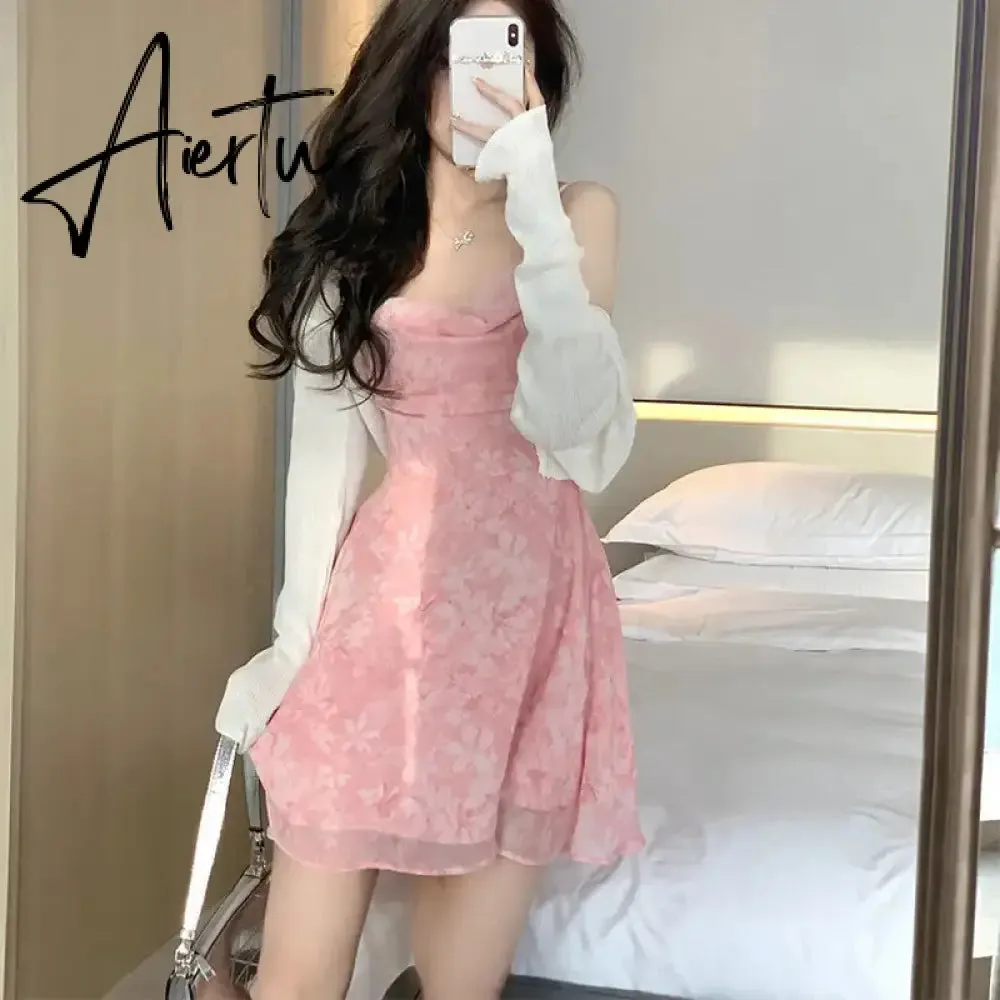 Aiertu Y2K Pink Romantic Floral Spaghetti Slip Dress Women  Summer Slim Elastic High Waist Party Club Mini Dresses