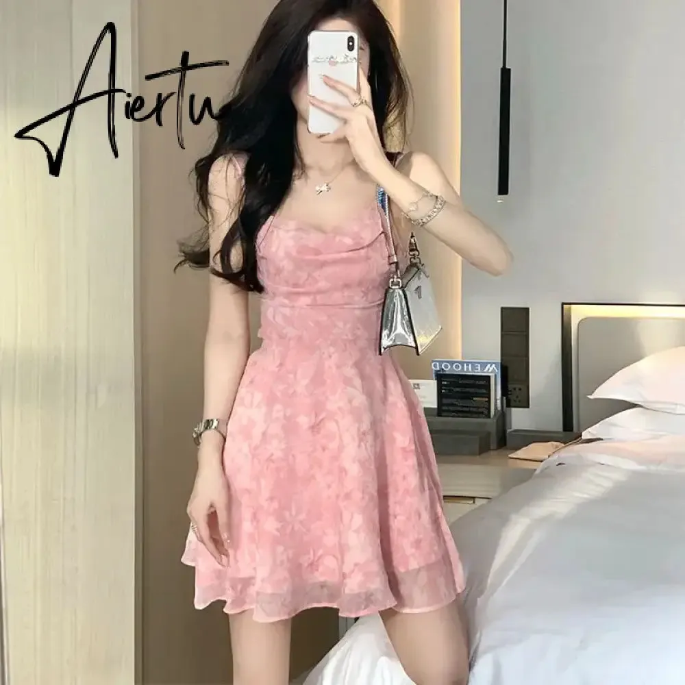 Aiertu Y2K Pink Romantic Floral Spaghetti Slip Dress Women  Summer Slim Elastic High Waist Party Club Mini Dresses