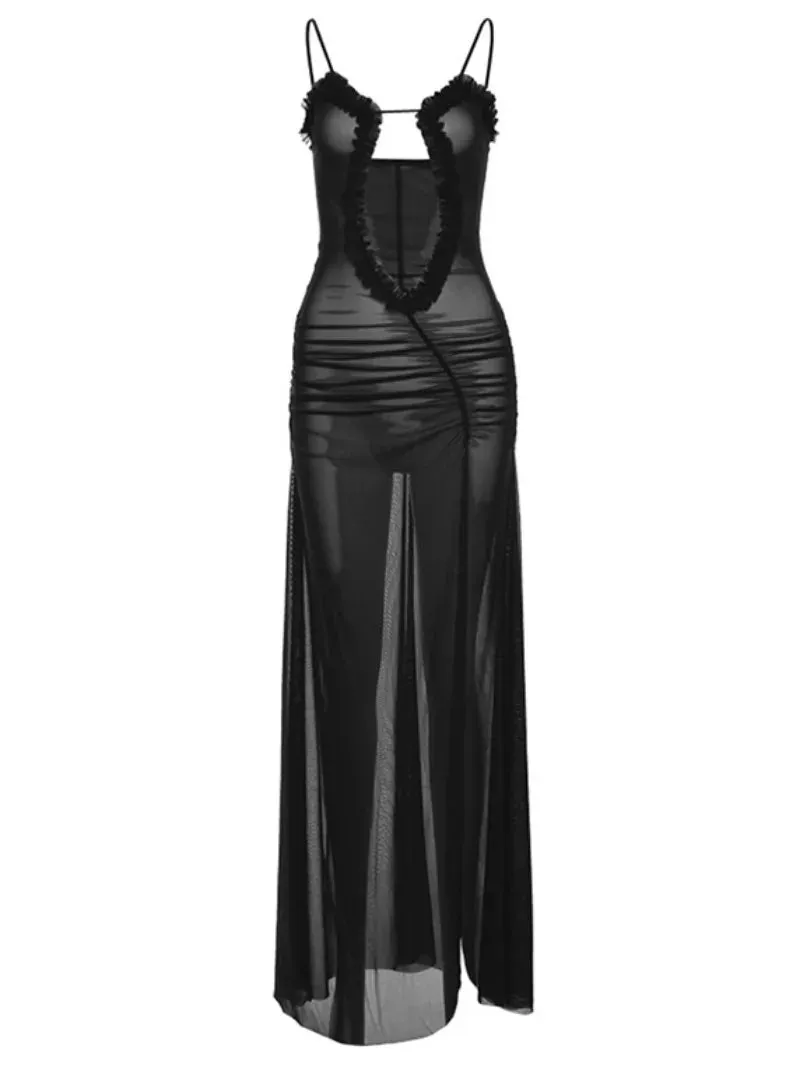 Amozae-Sexy Women Sleeveless Printed Hollow Out Long Maxi Mesh Dress Streetwear Elegant High Waist Split Backless Party Slip Dresses