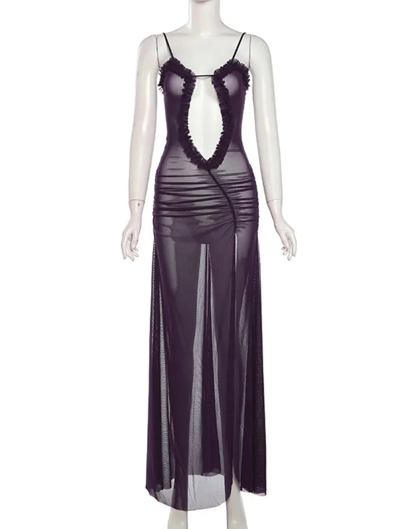 Amozae-Sexy Women Sleeveless Printed Hollow Out Long Maxi Mesh Dress Streetwear Elegant High Waist Split Backless Party Slip Dresses