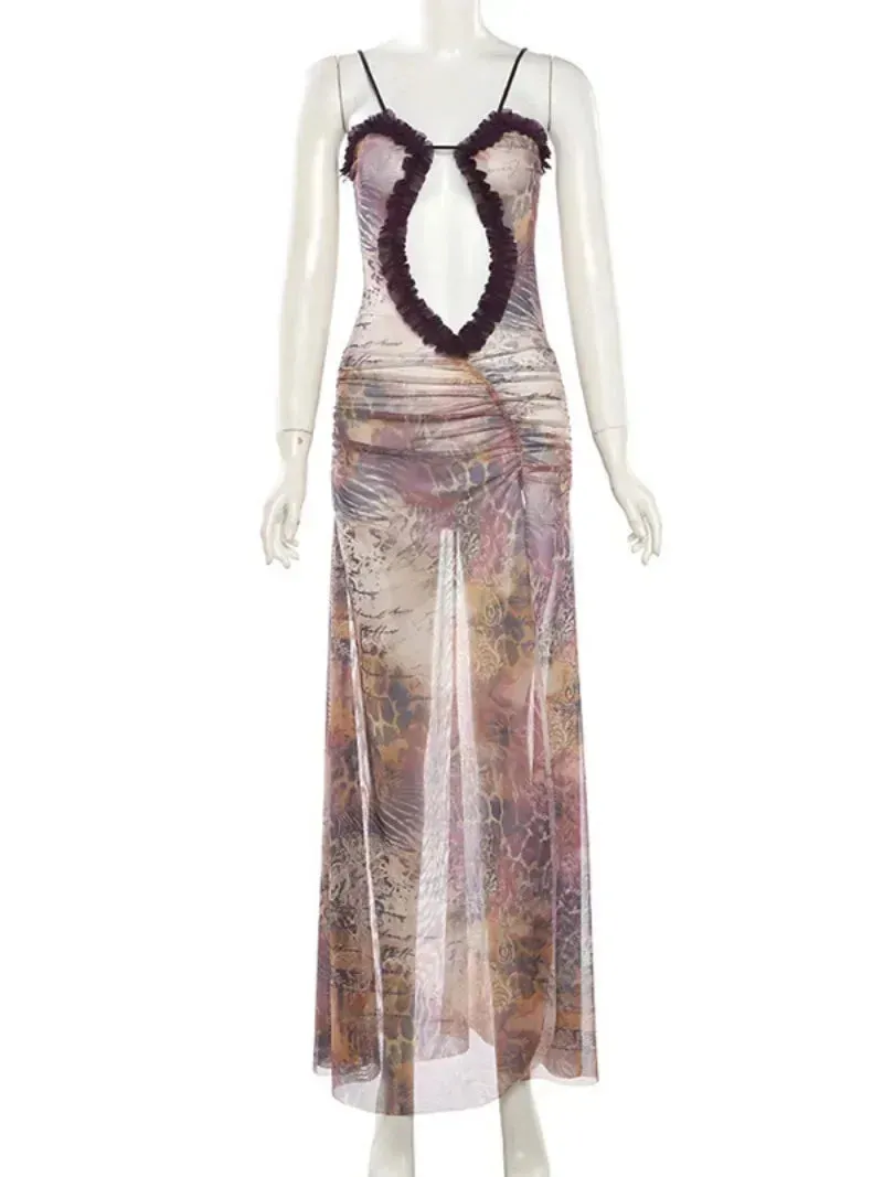 Amozae-Sexy Women Sleeveless Printed Hollow Out Long Maxi Mesh Dress Streetwear Elegant High Waist Split Backless Party Slip Dresses