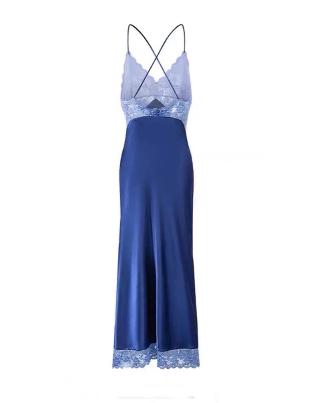 Blue Satin Lace Slip Dress