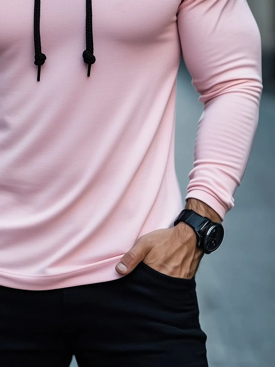 Casual Pink Long Sleeve Hooded T-shirt