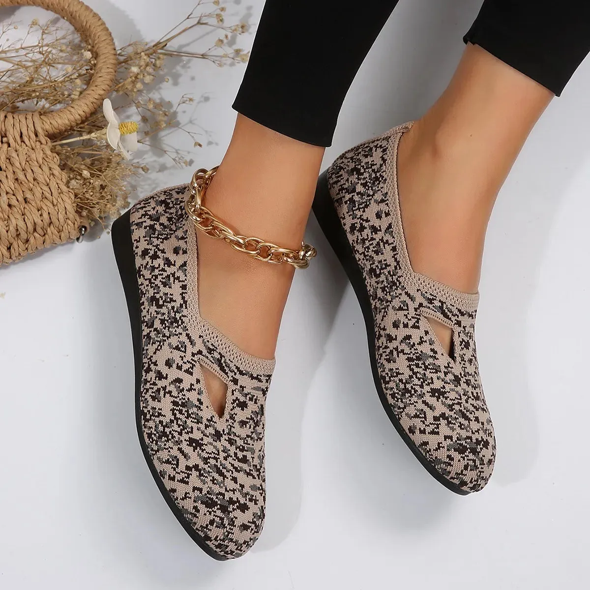 Casual Women Shoes Flat Flyknit Buckle Square Head Ladias Breathable Shoes