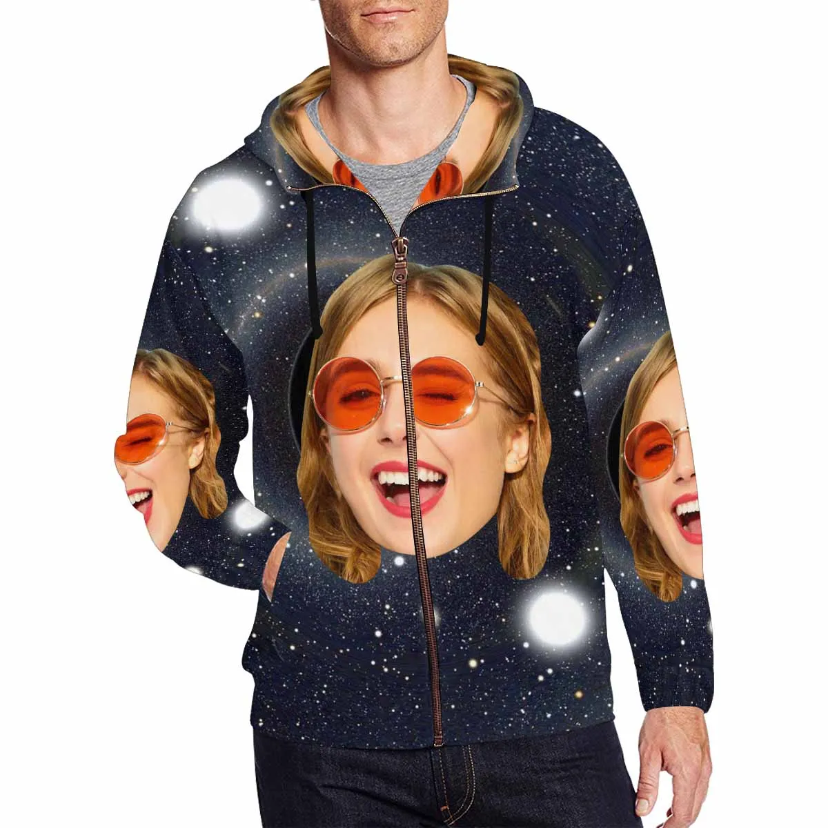 Custom Face Starry Sky Men's All Over Print Full Zip Hoodie
