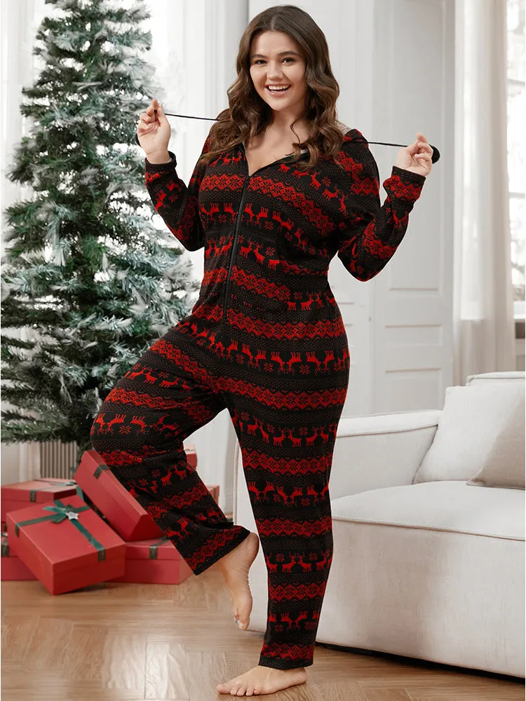 Elk & Snowflake Print Pocket Drawstring Zipper Hooded Jumpsuit