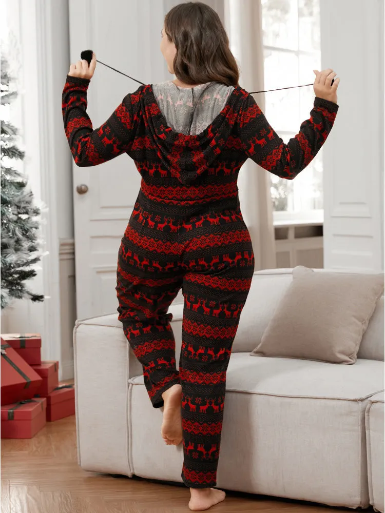 Elk & Snowflake Print Pocket Drawstring Zipper Hooded Jumpsuit