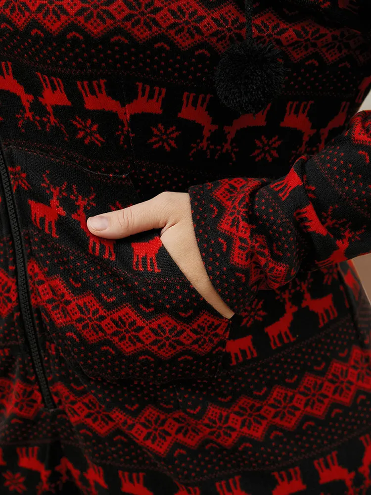 Elk & Snowflake Print Pocket Drawstring Zipper Hooded Jumpsuit