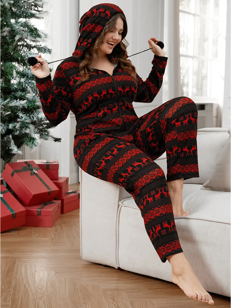 Elk & Snowflake Print Pocket Drawstring Zipper Hooded Jumpsuit