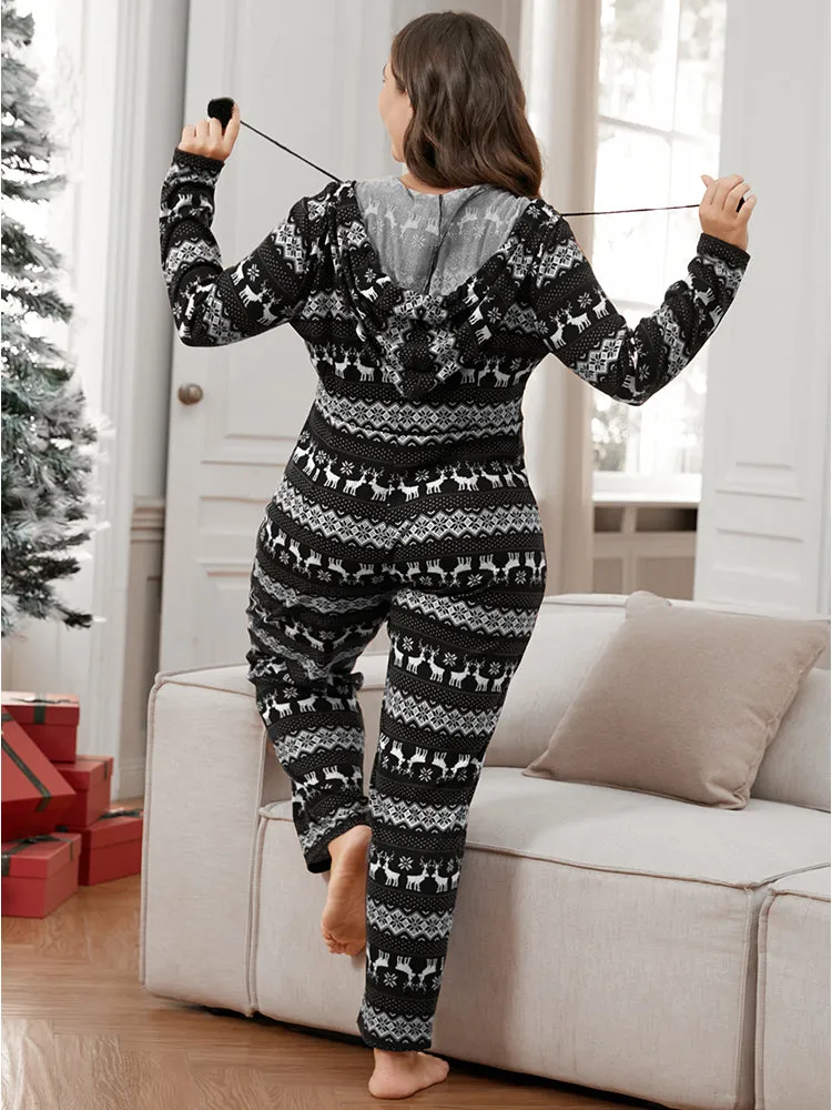 Elk & Snowflake Print Pocket Drawstring Zipper Hooded Jumpsuit
