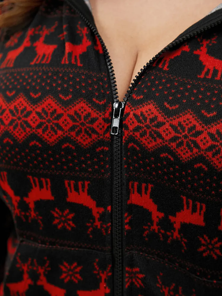 Elk & Snowflake Print Pocket Drawstring Zipper Hooded Jumpsuit