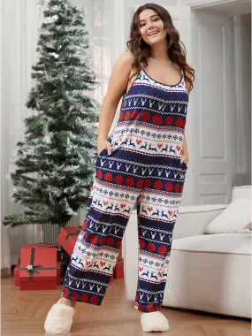Elk Snowflake Print Pocket Striped Cami Jumpsuit