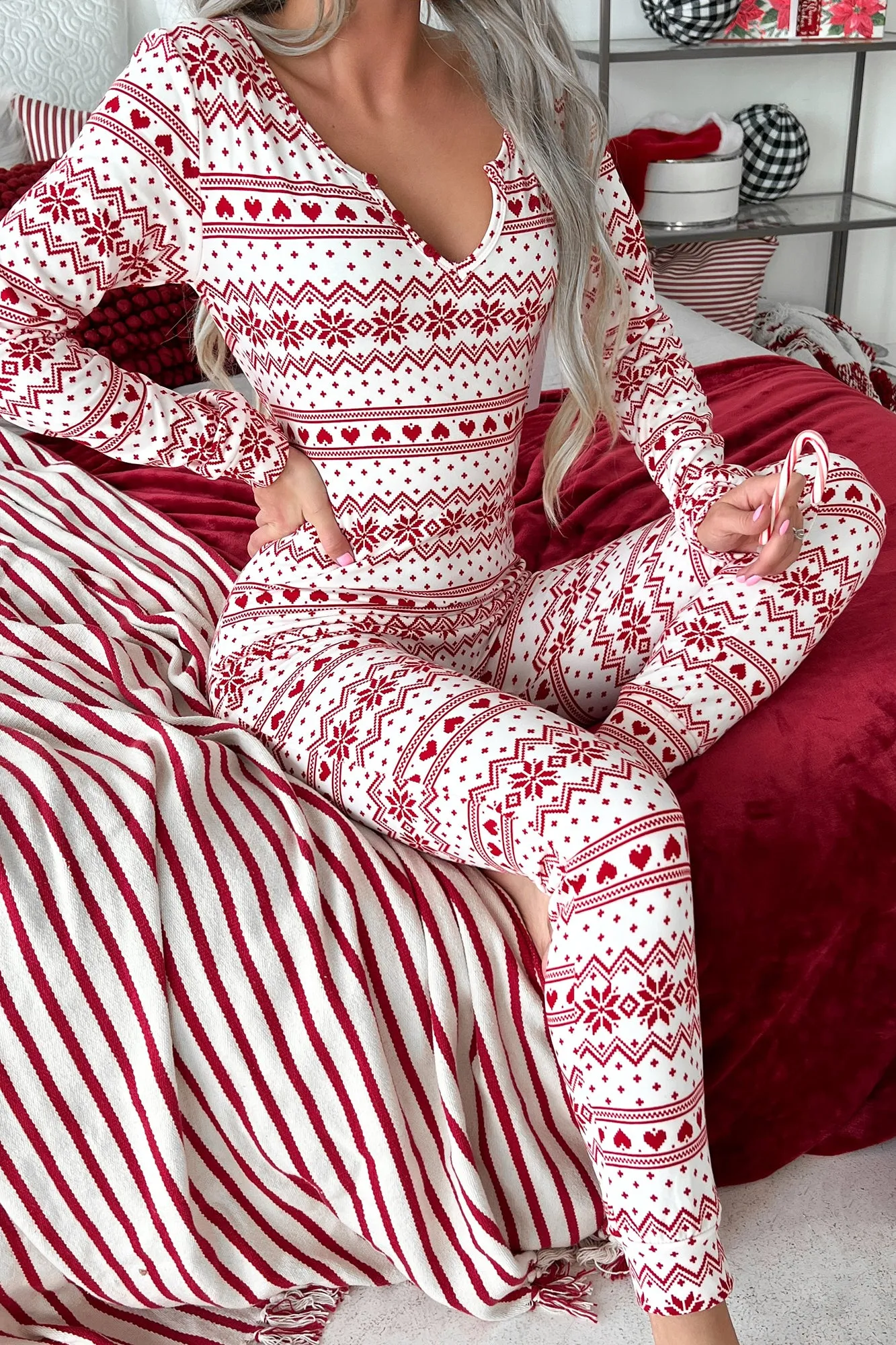 Feeling Like Christmas Printed Onesie Jumpsuit (Red/White)
