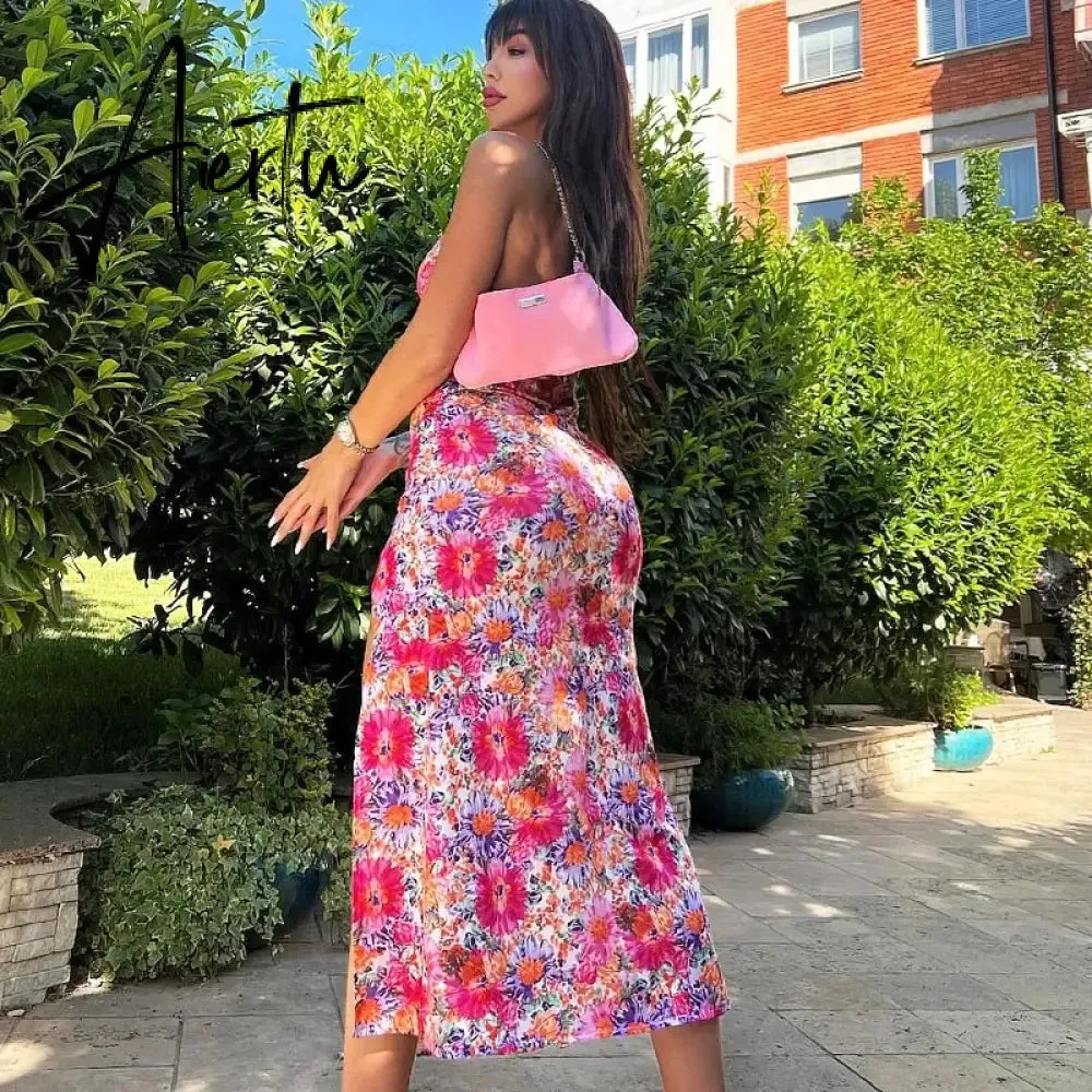 Floral Print Slip V Neck Backless Slit Sexy Bodycon Maxi Prom Dress Summer Women Elegant Outfit Streetwear Party Kawaii