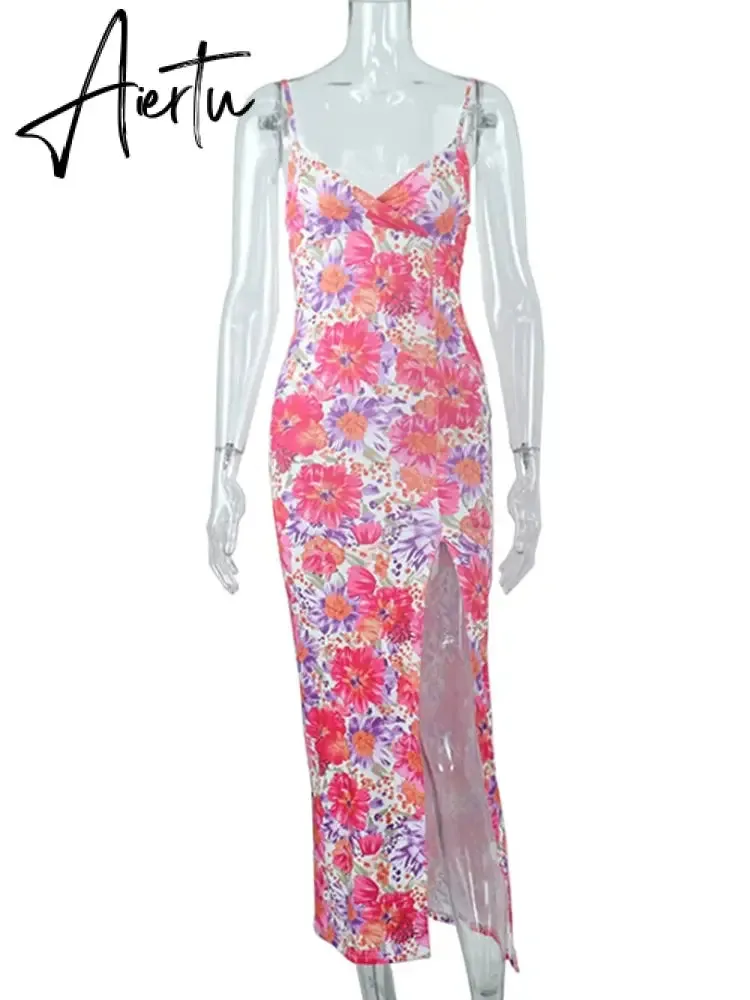 Floral Print Slip V Neck Backless Slit Sexy Bodycon Maxi Prom Dress Summer Women Elegant Outfit Streetwear Party Kawaii