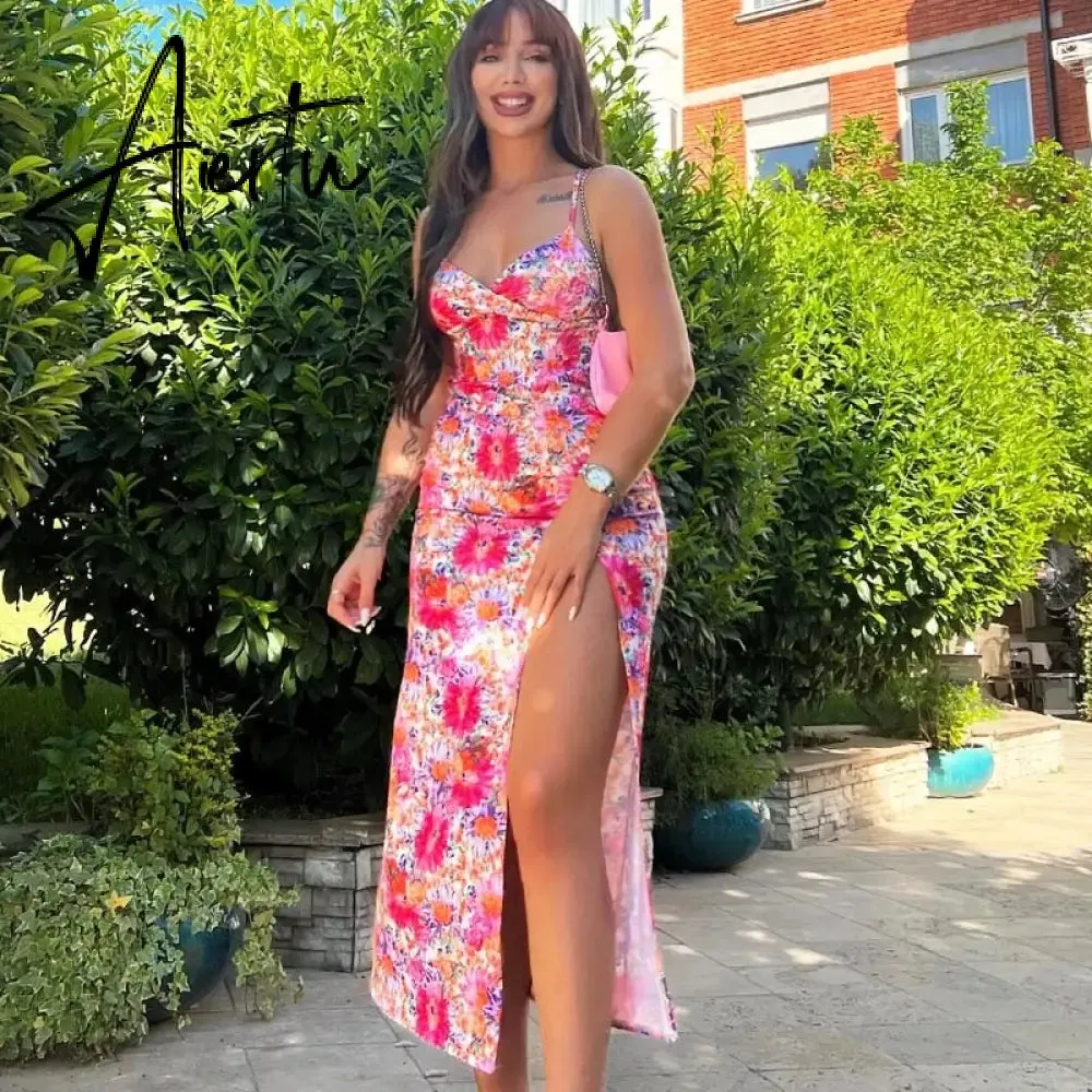 Floral Print Slip V Neck Backless Slit Sexy Bodycon Maxi Prom Dress Summer Women Elegant Outfit Streetwear Party Kawaii