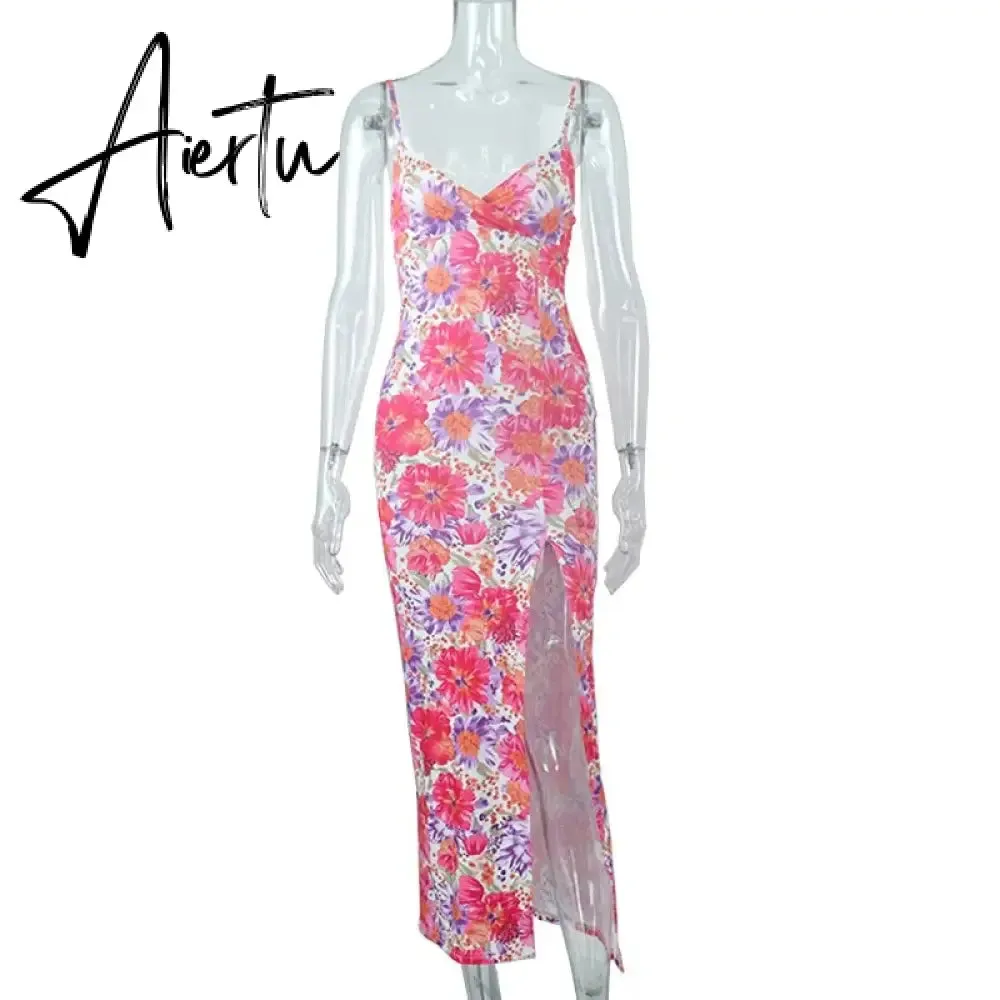 Floral Print Slip V Neck Backless Slit Sexy Bodycon Maxi Prom Dress Summer Women Elegant Outfit Streetwear Party Kawaii