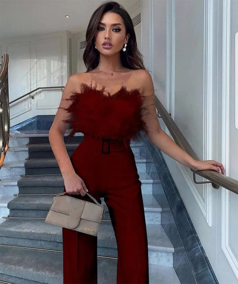 Girlie Fashion Feather Tube Sexy Jumpsuit