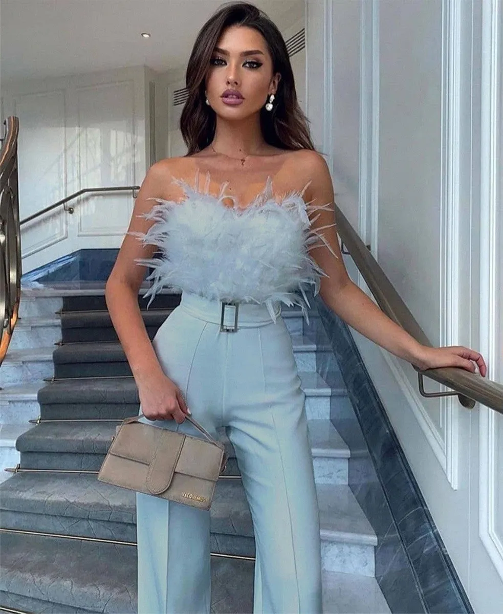Girlie Fashion Feather Tube Sexy Jumpsuit