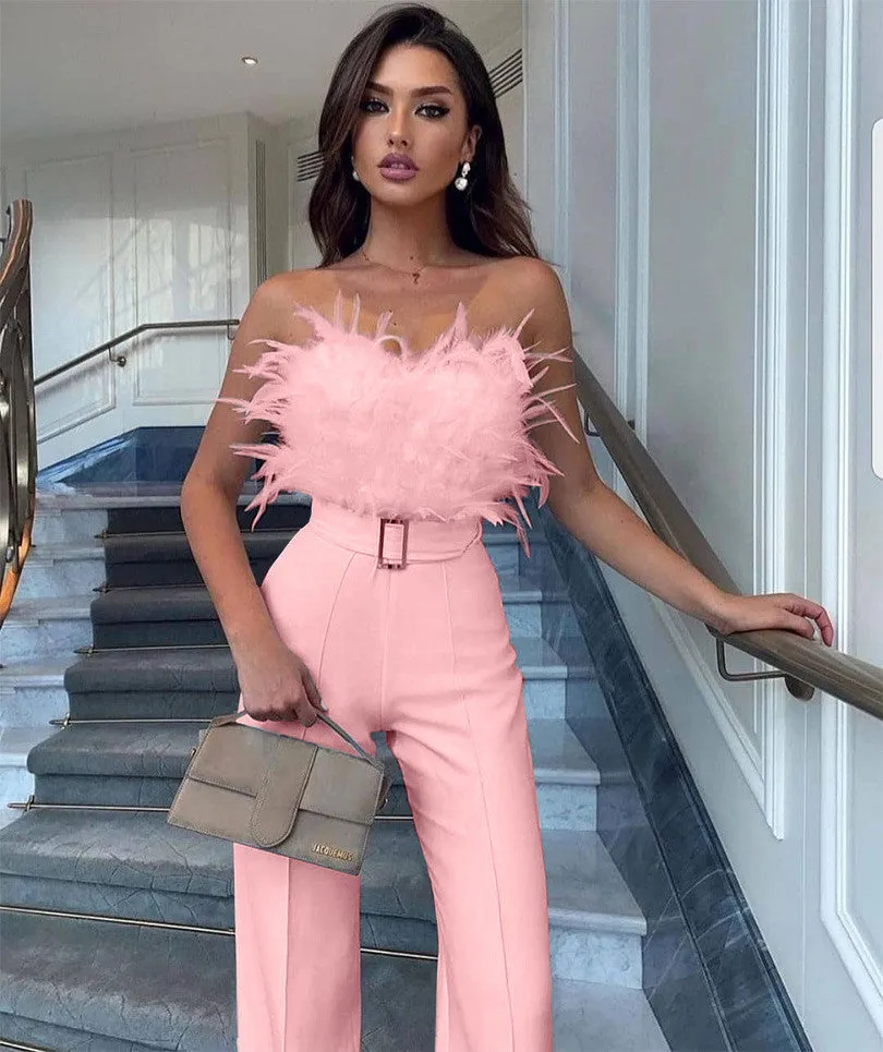 Girlie Fashion Feather Tube Sexy Jumpsuit